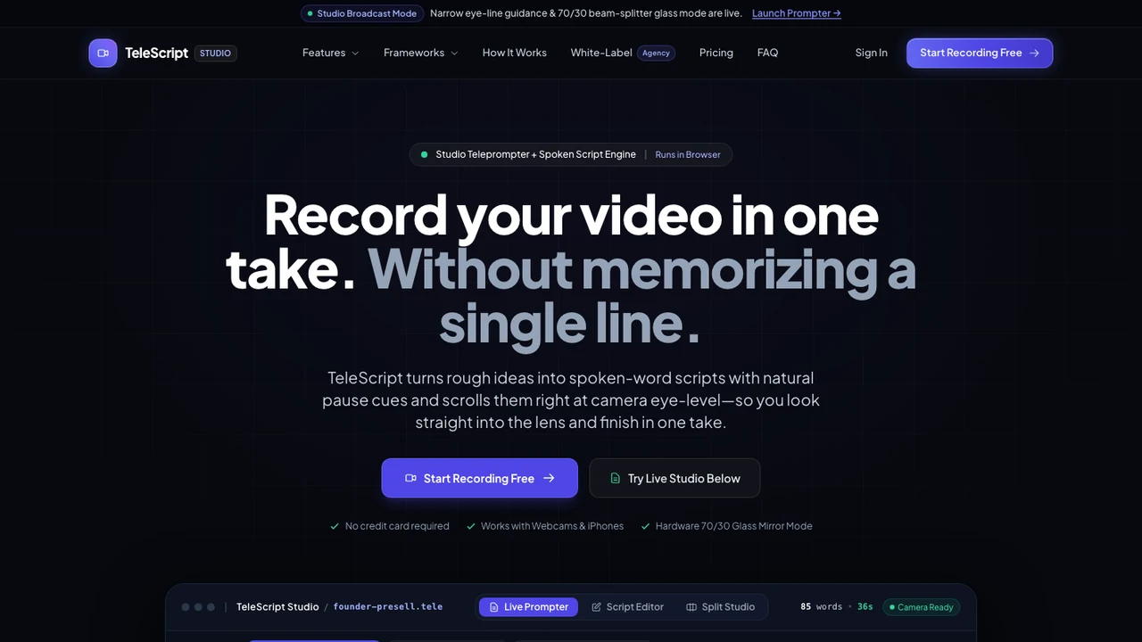 TeleScript AI teleprompter interface and speech studio